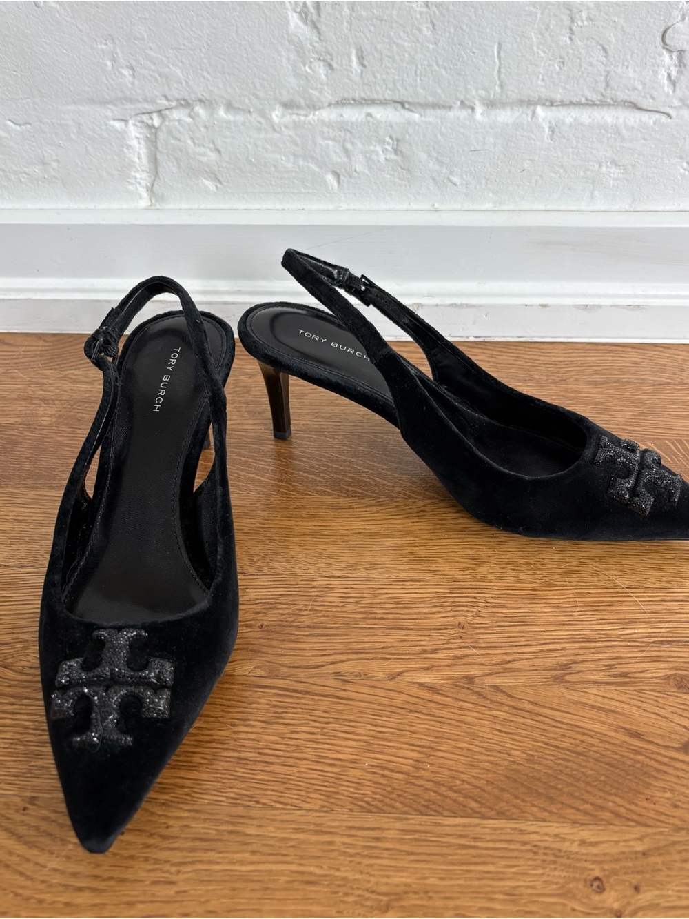 Tory Burch Eleanor Pavé Black Velvet Crystal Slingback Heels 8M